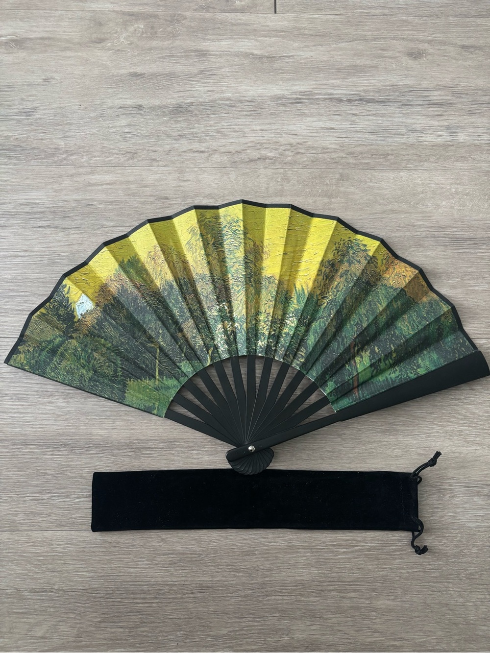 Japanese Folding Fan Landscape Art Print Black Ribs Velvet Storage Pouch Gift
